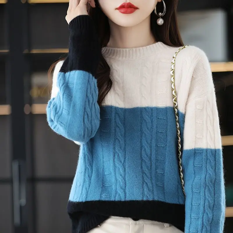 2022 Winter Office Lady Patchwork Knitting Loose O-neck Long Sleeve Pullovers Ladies Fashion Screw Thread Thick Sweater Women\'s