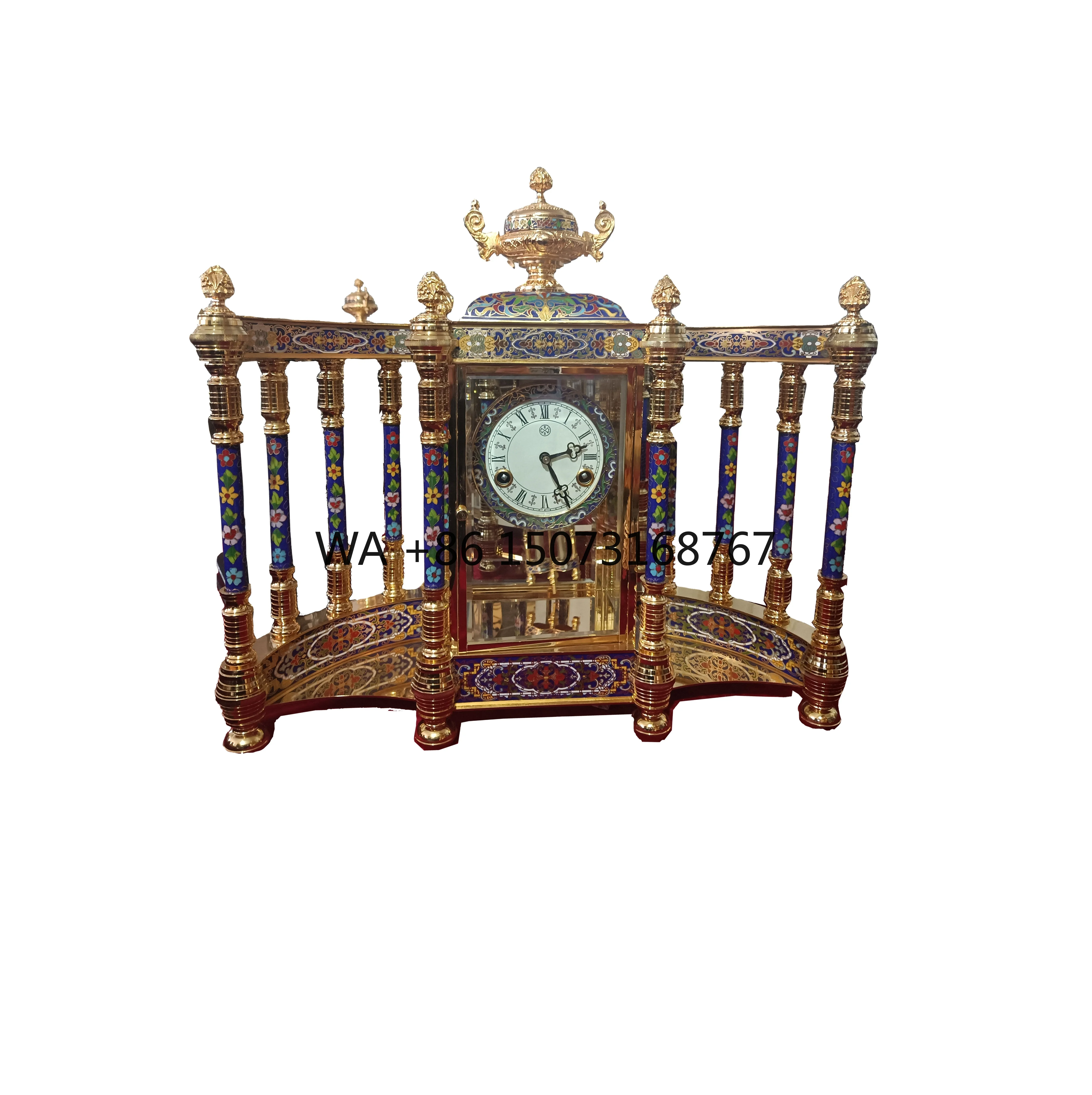 Luxury Antique Gilt Chinese Floral Cloisonne Enamel Screen Shaped 12 Column Double Pendulum 15 Days  Striking Table  Clock/Watch