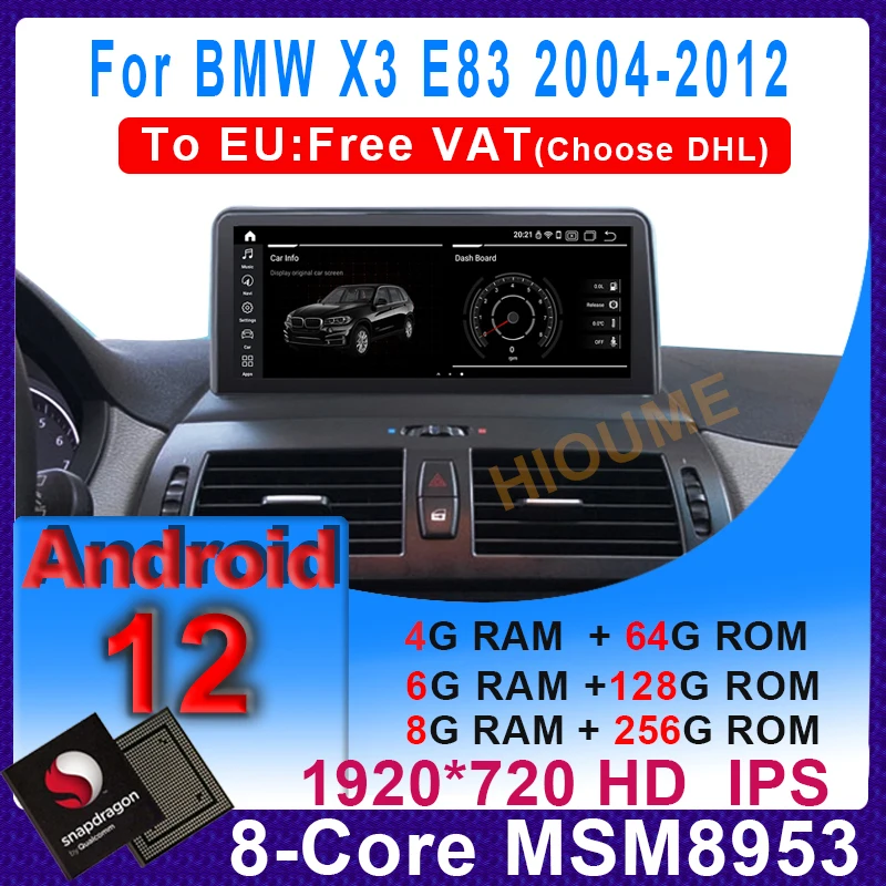 

8+256G Snapdragon Car Multimedia Player GPS Navigation For BMW X3 E83 2004 - 2009 Android 12 Radio Head unit 1920*720P Screen