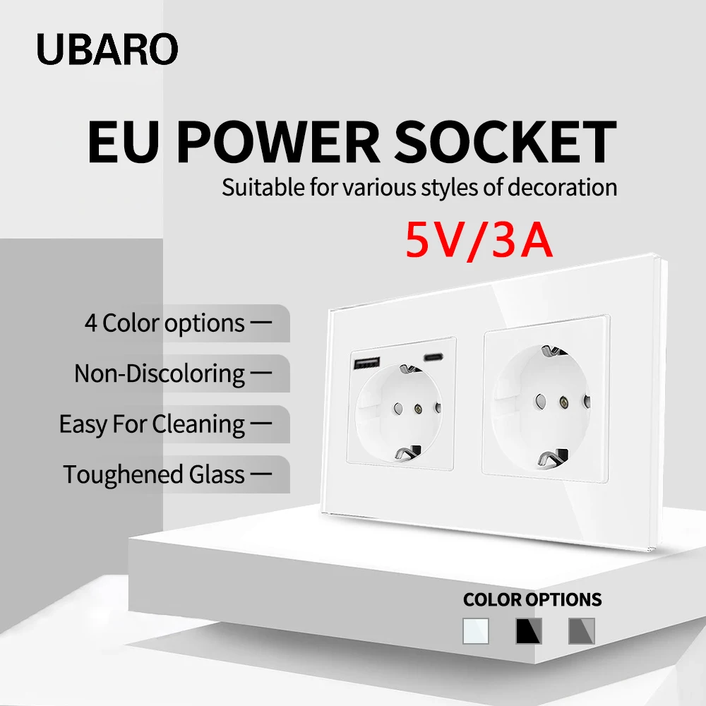 UBARO 153*82mm Tempered Glass Panel 5V3A Fast Charging USB Type C Wall Double Socket Home Power Outlet Built-in Socekts 250V 16A