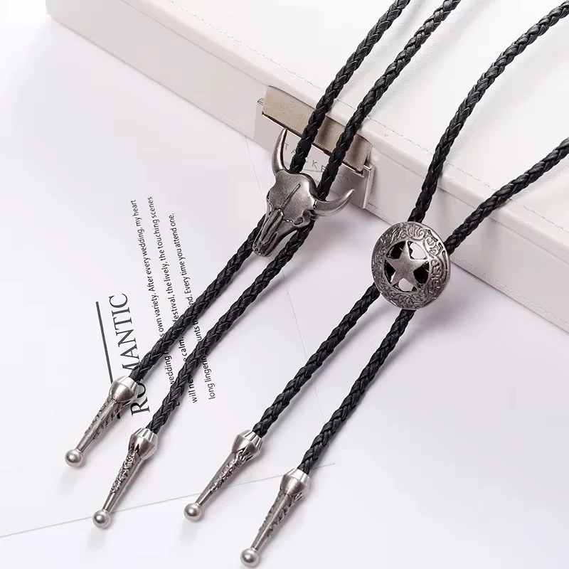 Adjustable Bull Head Five Stars Western Cowboy Bolo Tie Rodeo Dance Necktie Faux Woven Leather Rope Pendant Necklace