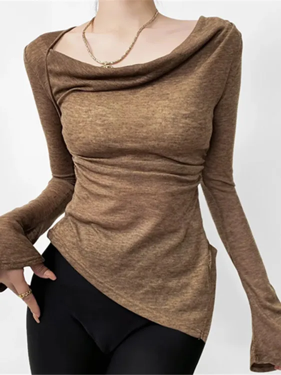 2024 Spring/autumn New Design Sense Pure Desire Spicy Girl Irregular One Line Shoulder Swinging Neck Long Sleeve Top C583