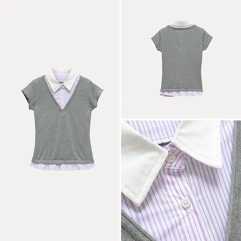 

Fashionable Striped Knitwear Women's Summer Casual Style Short Sleeve Turn-down Collar Casual Fit Fake Two-Piece Knitted Top