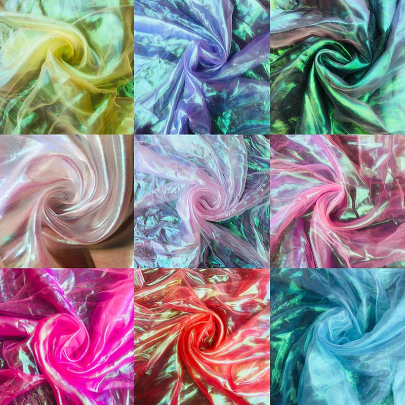 150cm*100cm Colorful Laser Tulle Fabric Organza Glass Yarn Transparent Fluorescent Yarn Silk Chiffon Sewing Mesh Cloth