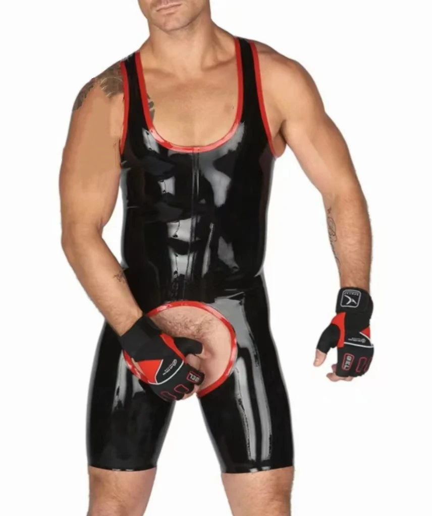 Traje de látex hecho a mano para hombre con ribetes rojos, traje de surf muscular de látex para hombre, mono ajustado sin entrepierna, disfraz de Halloween