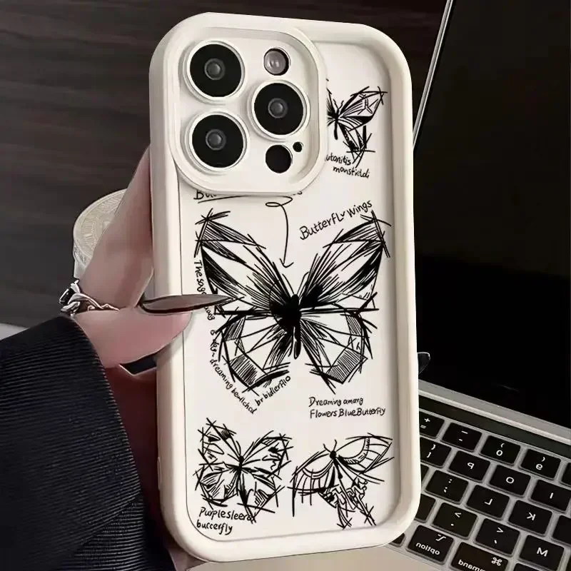 Sketch Lines Butterfly Silicone Phone Case for iPhone 15 Pro Max Cases iPhone 11 12 13 14 16 Pro Max Mini X XS XR 7 8 Plus Cover