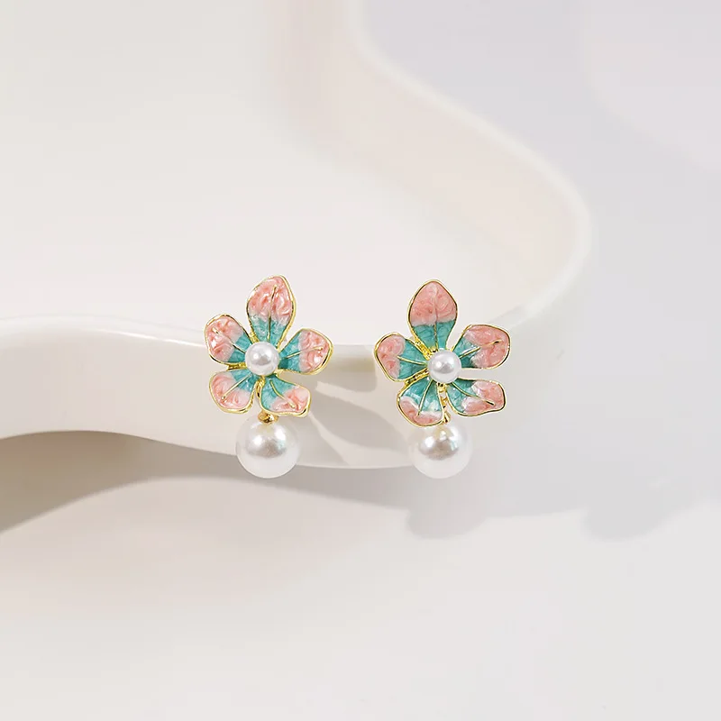 Korean Sweet Style Fashion Pearl Drop Earrings Delicate Metal Enameled Pink Blue Flower Earrings for Women Girl Romantic Jewlery