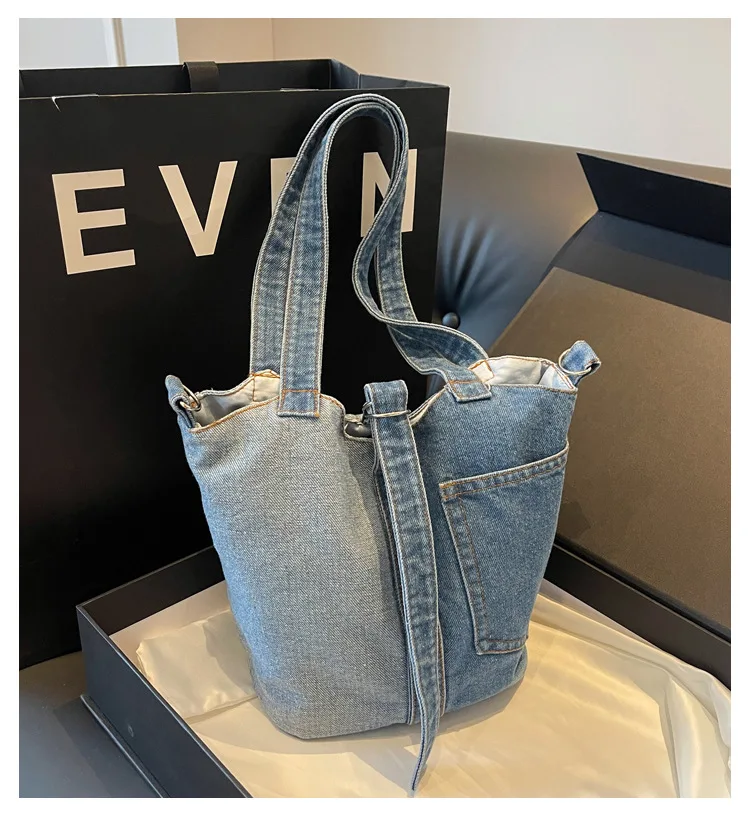 Washed Denim Fabric Bucket Bag Colorblock Patchwork Handbag Women\'s New Large Capacity Shopping One Shoulder Tote Crossbody Bag