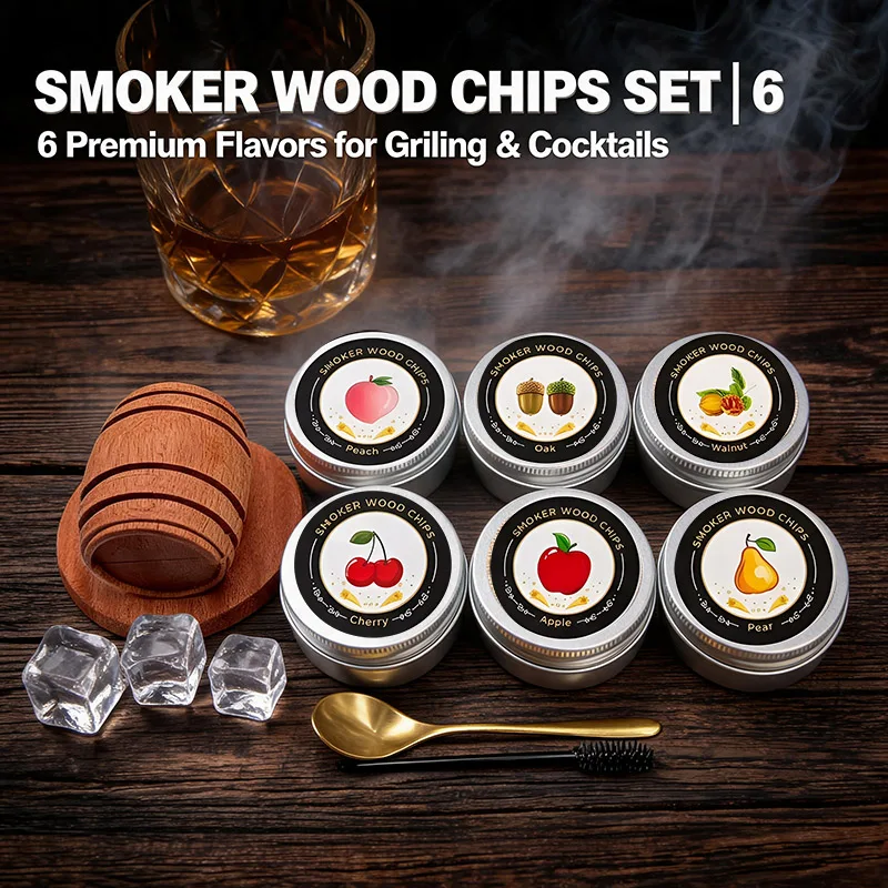 Kit de Ahumador de Cócteles - 4/6 Sabores + 2 Piedras de Vino Helado - Ahumador de Bebidas al Estilo Old Fashioned - Ahumador de Whisky con Tapa de Madera Ahumada