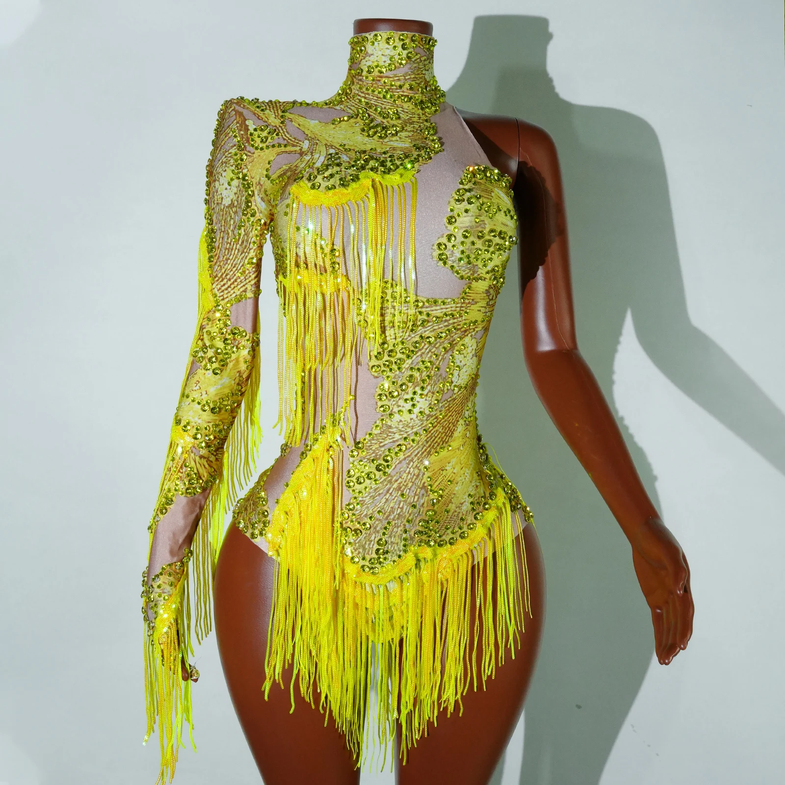 

Yellow Blue Bodysuit Sequin Tassels Print High Collar Bodycon Team Performance Pole Dance Singer Drag Queen Outfit Stage Wear