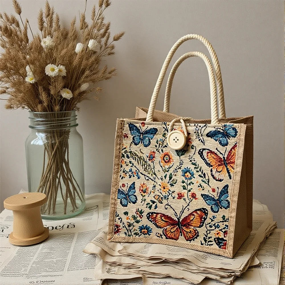Fashion Linen Handbag Butterfly Printed Canvas Bag Casual Women Recycle Tote Portable Shopping Bag Student Lunch Food Bento Bag