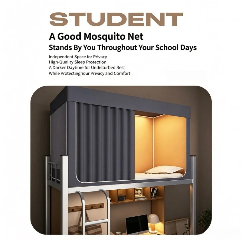 Dormitory Bunk Bed Canopy, Blackout & Dustproof Mosquito Net with Frame for College Students, Universal Zipper Design