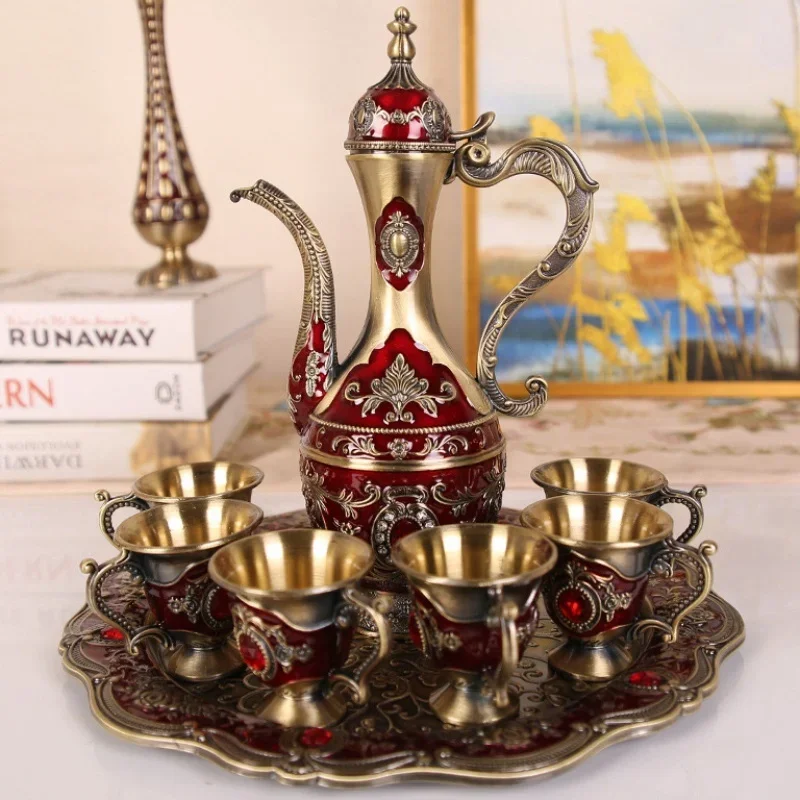 European Set, Alloy Home Pot Wine Glass Set, Red Vintage Glass, Old Wine Pot Home Living Room Decoration,1Set