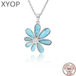 Flower Aesthetic 925 Sterling Silver Jewelry Classic Larimar Pendant Necklace Natural Precious Retro Woman Contracted Style