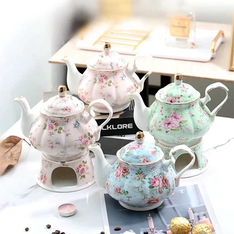 English British Teapot 400ML with Heating Base High-Grade Porcelain Tea Warmer Set Ceramic Holding Furnace