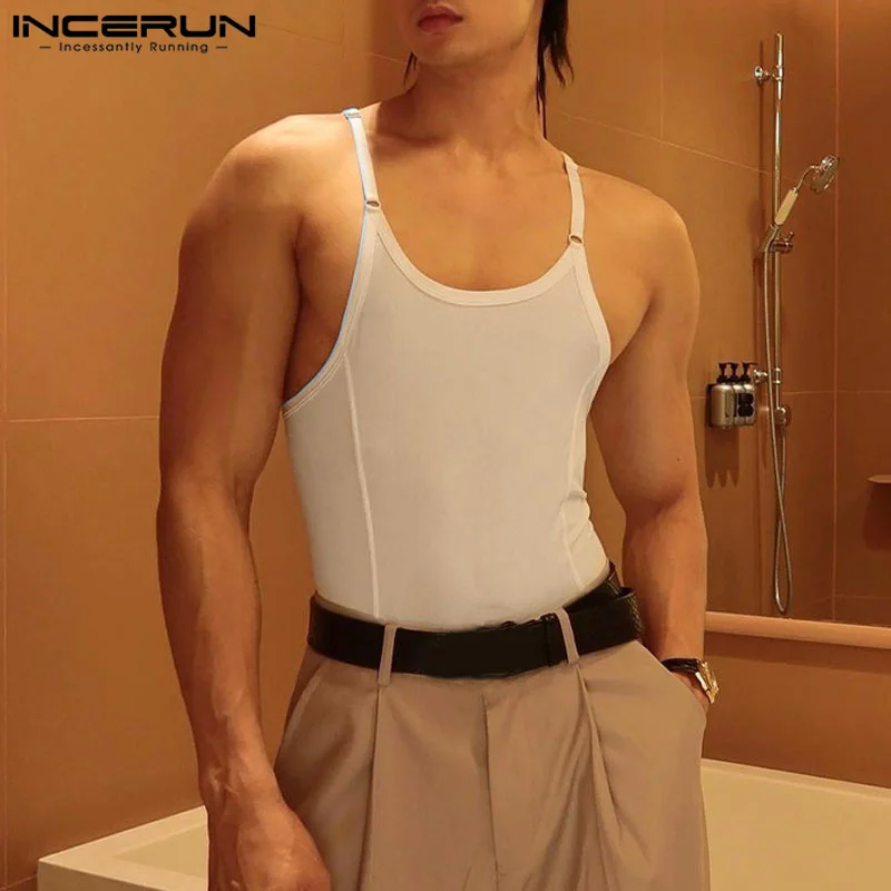 INCERUN Men Bodysuits Solid Color O-neck Sleeveless Skinny Sexy Streetwear Pajamas Rompers 2023 Casual Tank Tops Bodysuit S-5XL