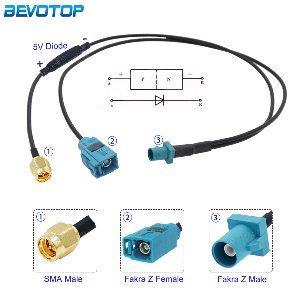 

Fakra Z to SMA Male & Fakra Z Female Y Type Splitter Cable With Diode RG174 Pigtail Car Navigation GPS Antenna Extension Cable