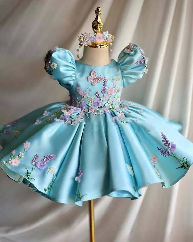 Light luxury elegant embroidered handmade dress satin baby birthday celebration gift 1-8 year old baby girl Christmas dress