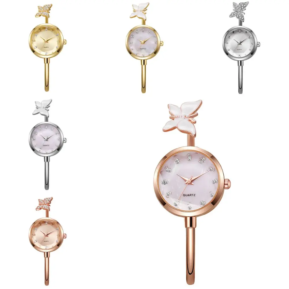Mother of Pearl Dial Butterfly Bangle Watch Quartz Movement Dainty Design Open Cuff Wristwatch Open Cuff Butterfly Motif