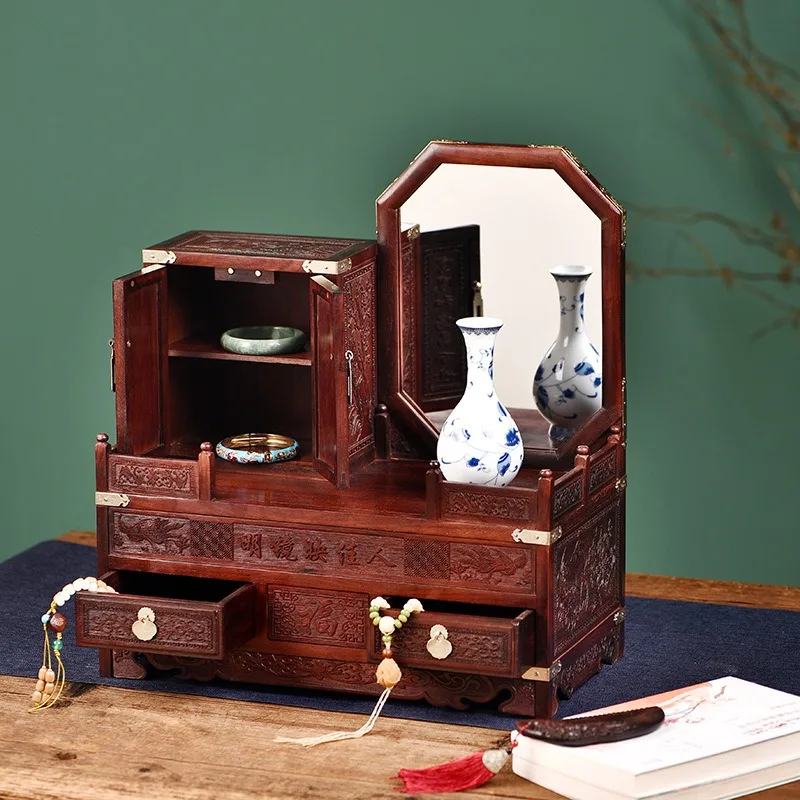 Vintage Wooden Jewelry Box Solid Wood Storage Chest Chinese Style Jewelry Organizer Dowry Box Dressing Table Storage Case