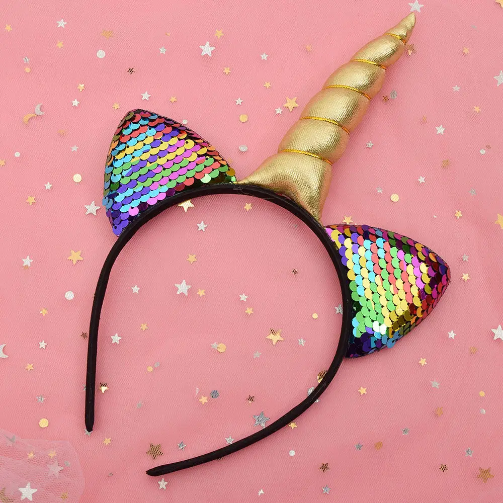 Rainbow Unicorn Headbands Can Flip Sequins Glitter Unicorn Girl Hairband Cat Ears Headwear Birthday Children Hair Accessories