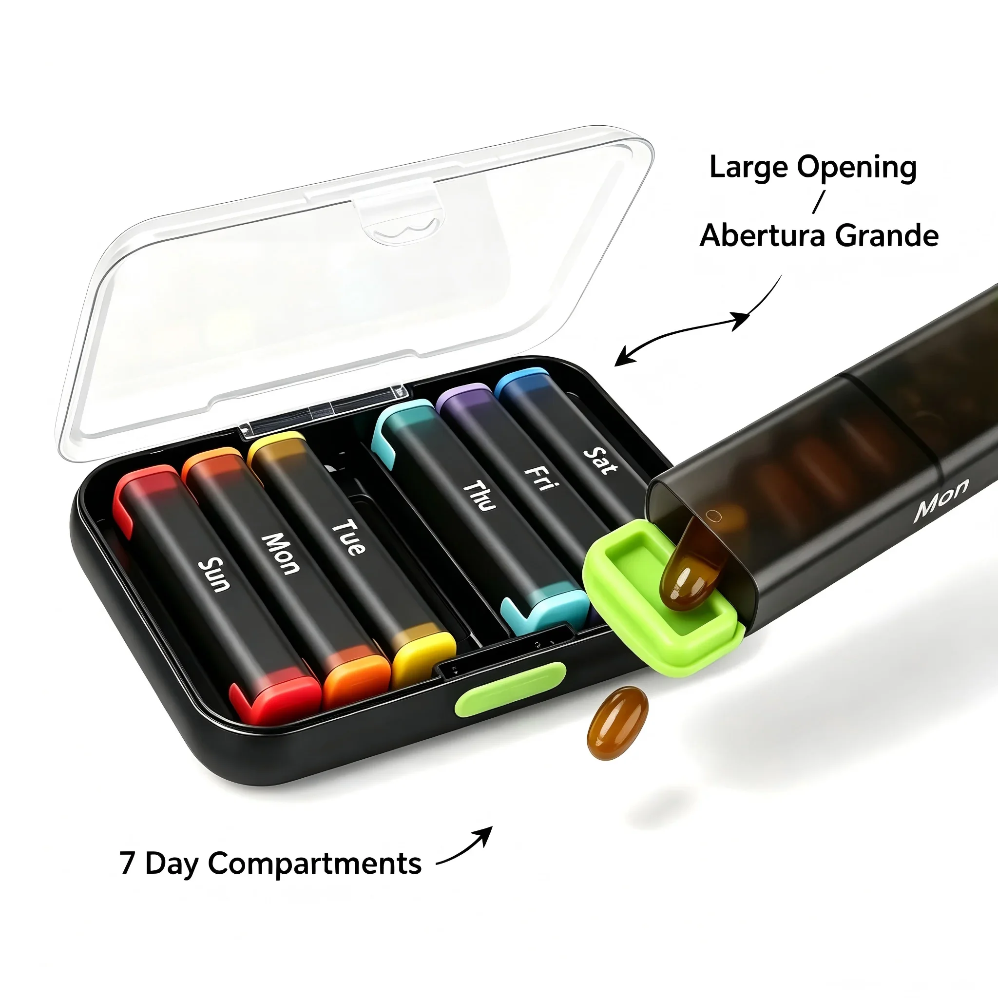

7 Day Weekly Pill Organizer, Large Opening Pill Box, Portable Travel Pill Case for Vitamins, Fish Oil, Supplements & Medications