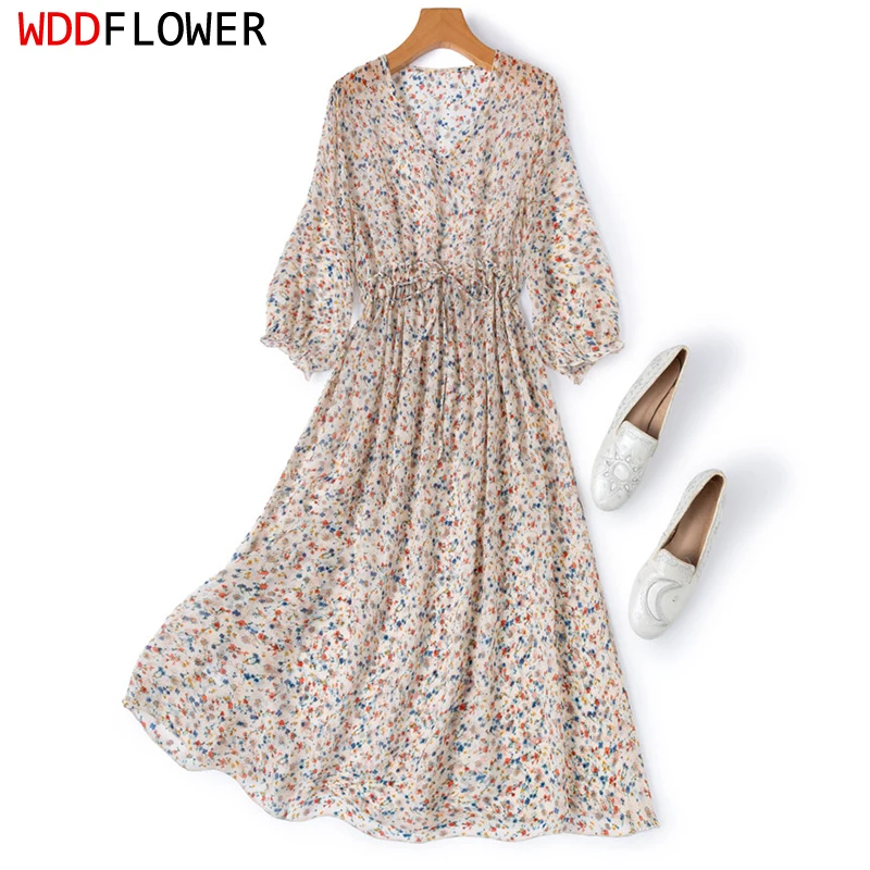 

Women Midi Dress 100% Mulberry Silk Light Beige Small Floral Printed Transparent V Neck Half Sleeve High Waist Long Dress M1552