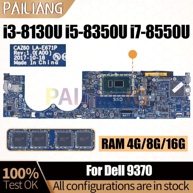 For DELL XPS 13 9370 Notebook Mainboard LA-E671P 0XNRD5 0YPVJW 0W970W 0XNRD5 I3 i5-8350U i7-8550U With RAM Laptop Motherboard