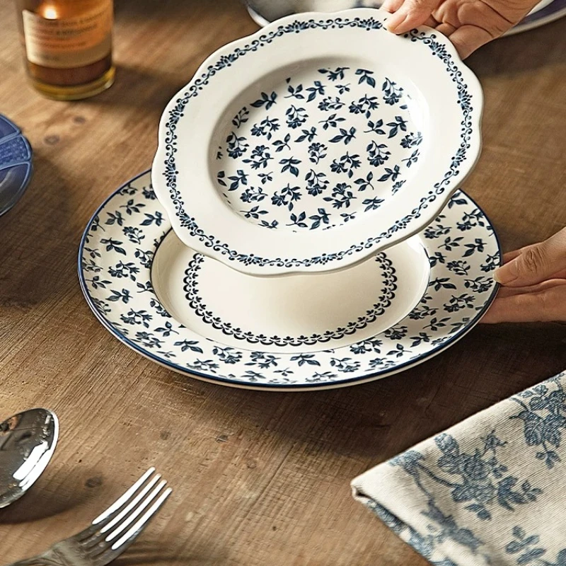 Vintage blue and white porcelain dinner plate set, bone china western ...