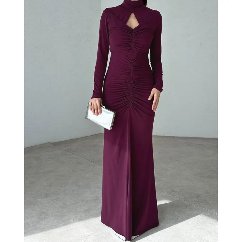

Fall New Product Fashion-Laden High-neck Open-Back Slim-Fitting Ruffled Solid-color Long-Sleeve Dress for Women