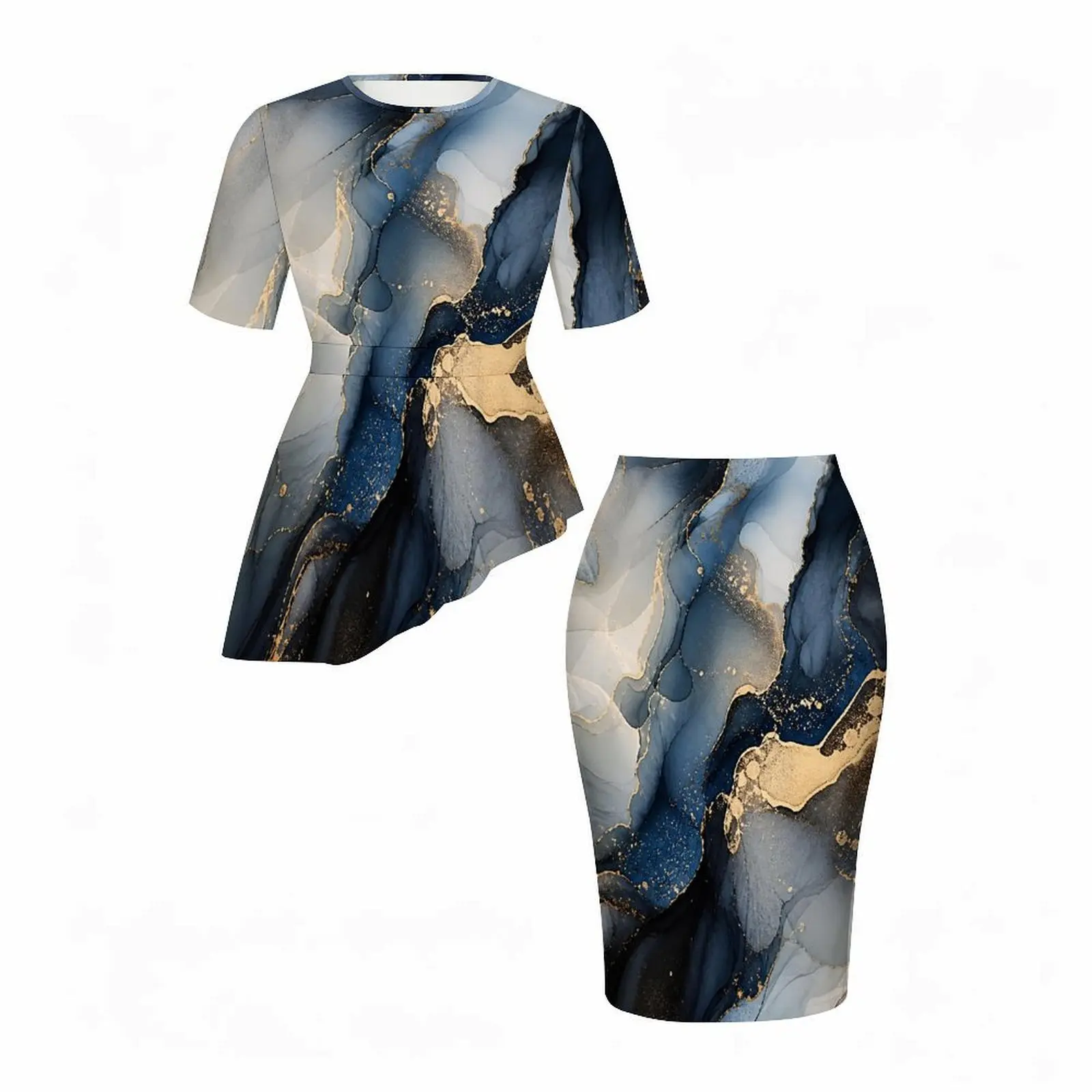 Women Blue Grey Gold Abstract Marble Ink Print Round Neck Short Sleeve Asymmetric Top Fitted Skirt Two Piece Set