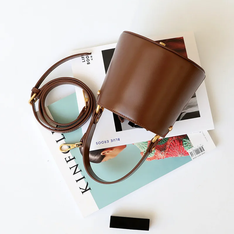 MINI Round Bucket Handbag Women Luxury Genuine Leather  Unique Bunny Ear Detail Minimalist Portable Handbag Crossbody Shoulder