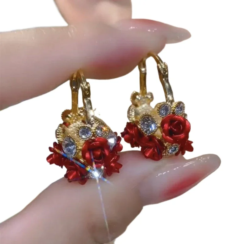 Fashion foreign style red rose basket earrings exquisite versatile ear buckle light luxury temperament earrings
