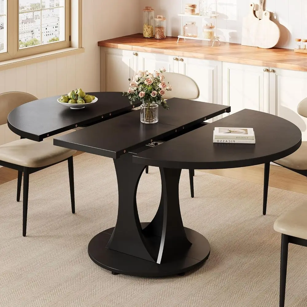 Sturdy Double Arc Base 59 Round Dining Table, Black, Space-Saving Kitchen Table for 6-8 People