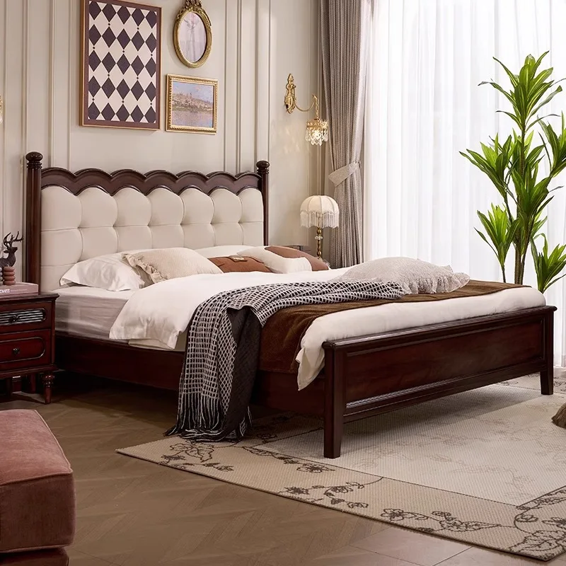 

Solid wood master bedroom retro wind French cream wind leather soft bag wedding double
