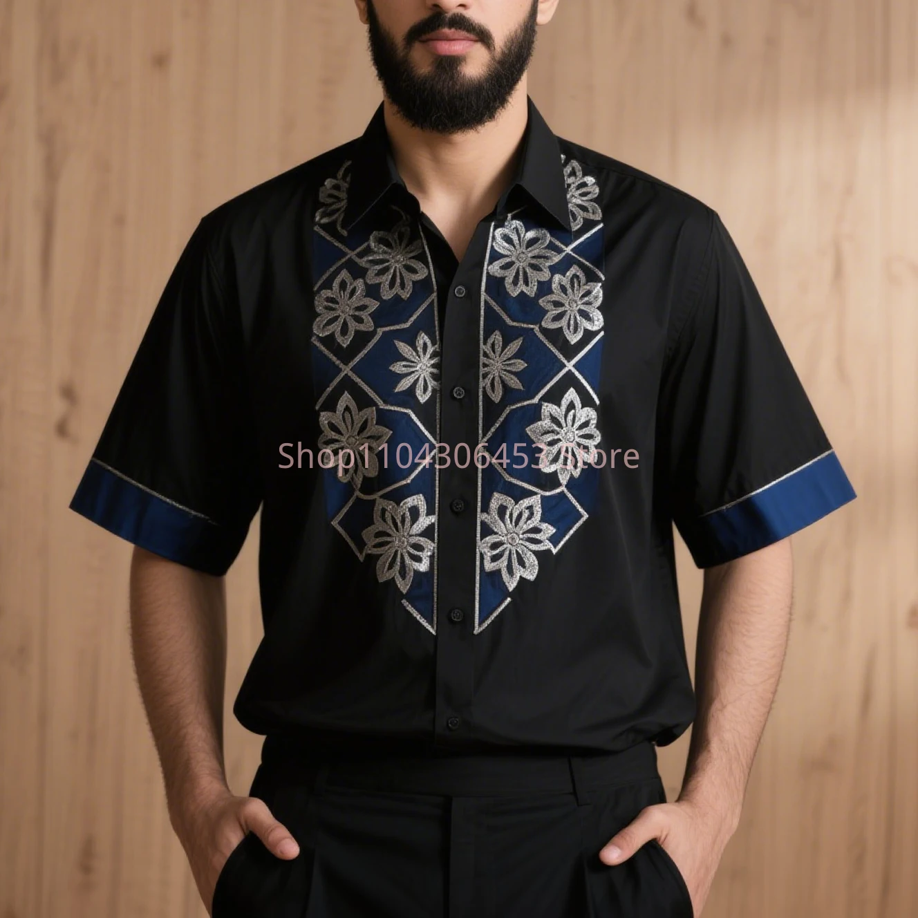 Men's Simple Retro Fashion Ethnic Style 3D Printed Short-sleeved Lapel Shirt Thin Breathable Light Color Business Casual Party