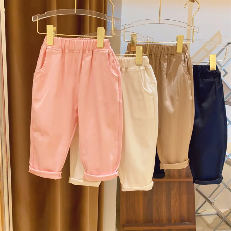 Girls' Solid Color Loose Casual All-Match Flanging Trousers Wide-Leg Overalls Spring Young and Little Girls Simple Pants