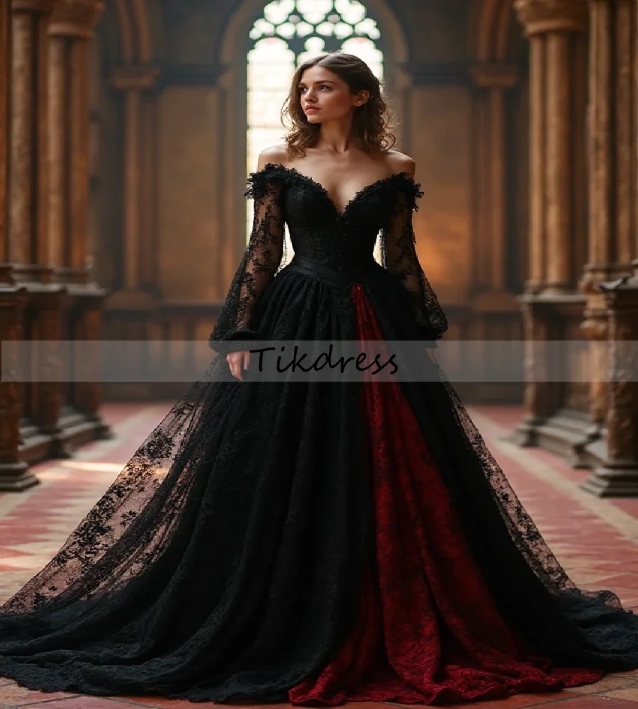 

Romantic Vamipre Black Red Gothic Wedding Dress 2025 Elegant Sorceress Long Sleeve Lace Medieval Bridal Dress CelticCustomized