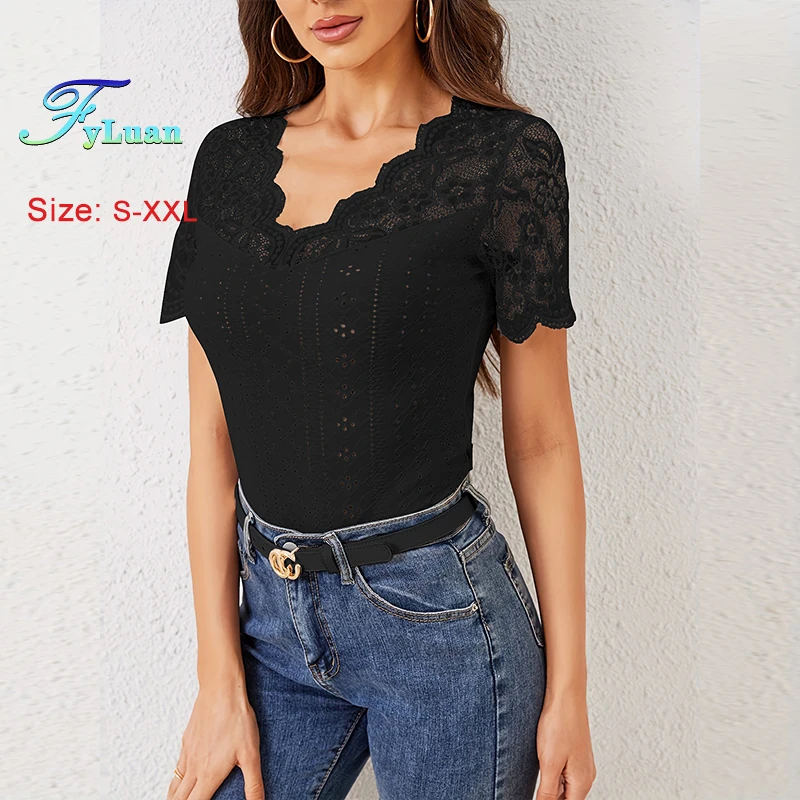 2025 novo produto feminino manga curta camiseta moda leque em forma de borda renda emenda decote em v sexy dentro juntar usando fora topos