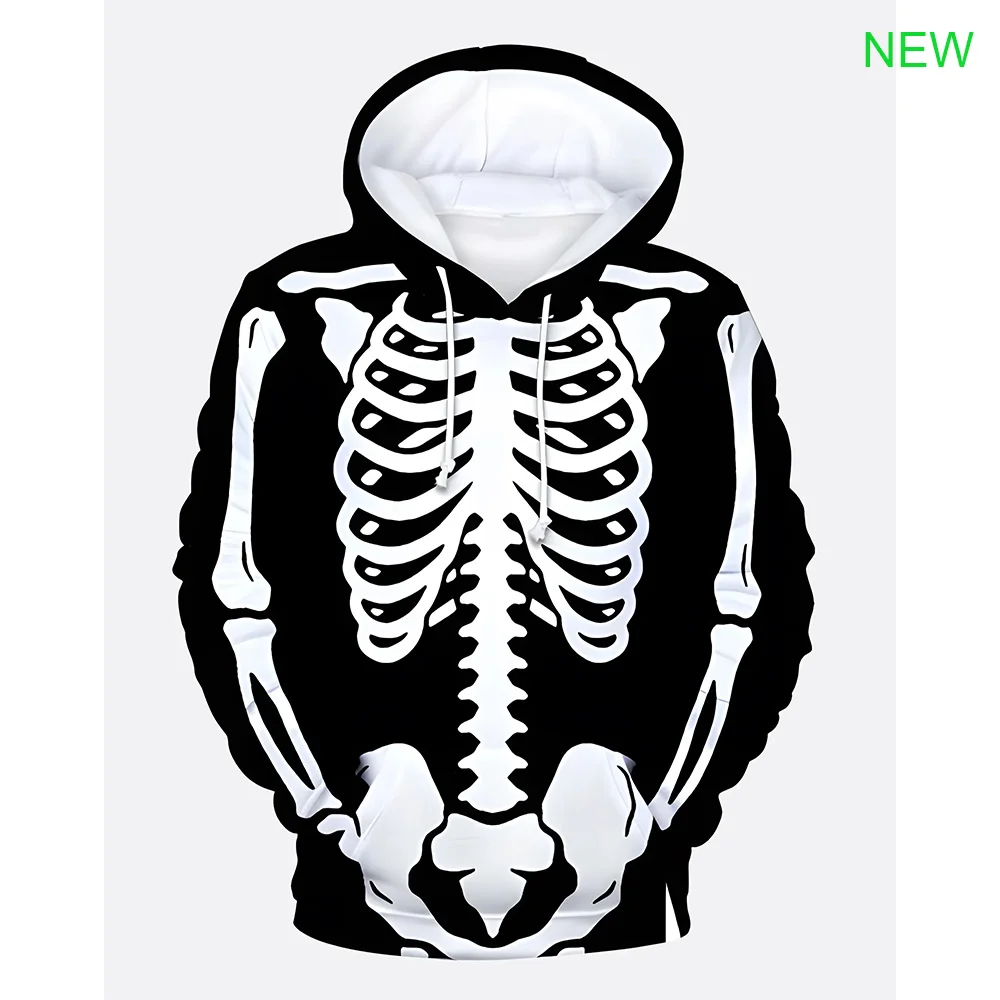 2024 The latest 3D printed Halloween funny skull personality cool style men\'s T-shirt with hoodie