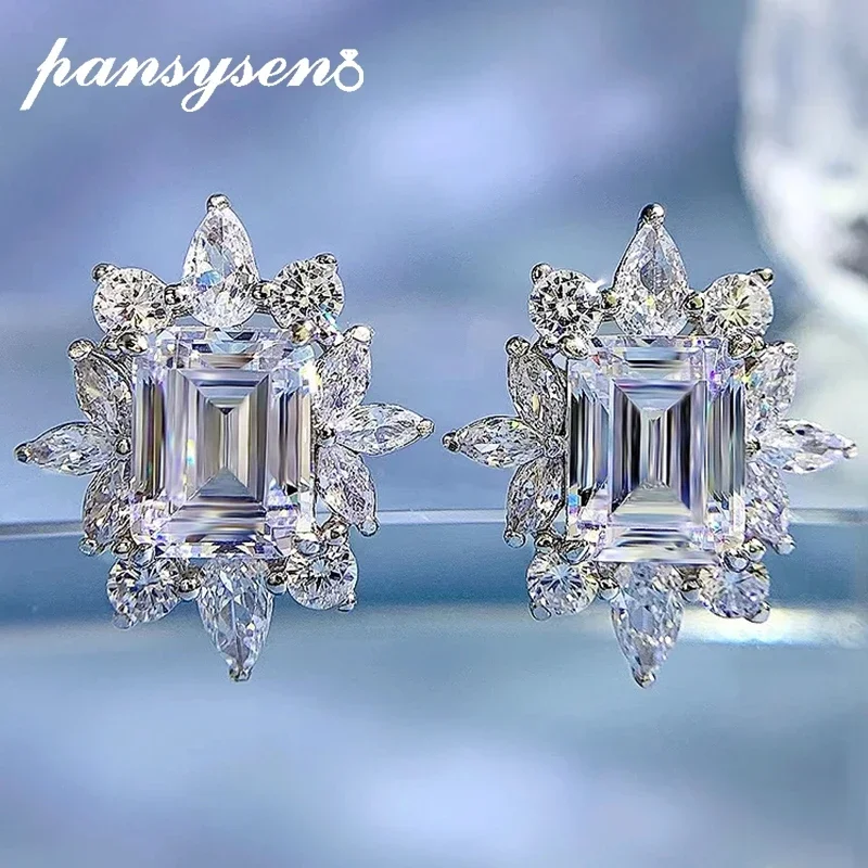 PANSYSEN 100% 925 Sterling Silver 7*9MM Emerald Cut lab White Sapphire Wedding Party Stud Earrings for Women Fine Jewelry Gift