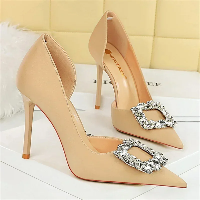 Women Fashion Wedding Party Designer Pink Purple Rose Red Pumps Lady Fetish 10.5cm High Heels Crystal Buckle Satin Evening Shoes