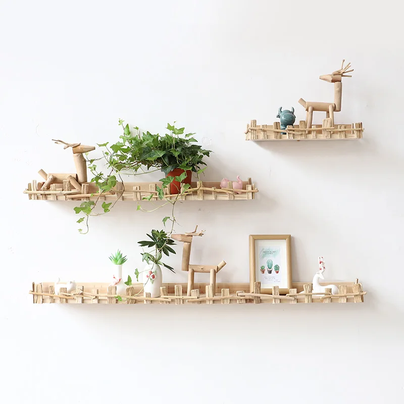 

Natural Wood Wall Shelf, Creative No-Drill Floating Display Rack, Wall-Mounted Bookshelf, Decorative Living Room Ledge
