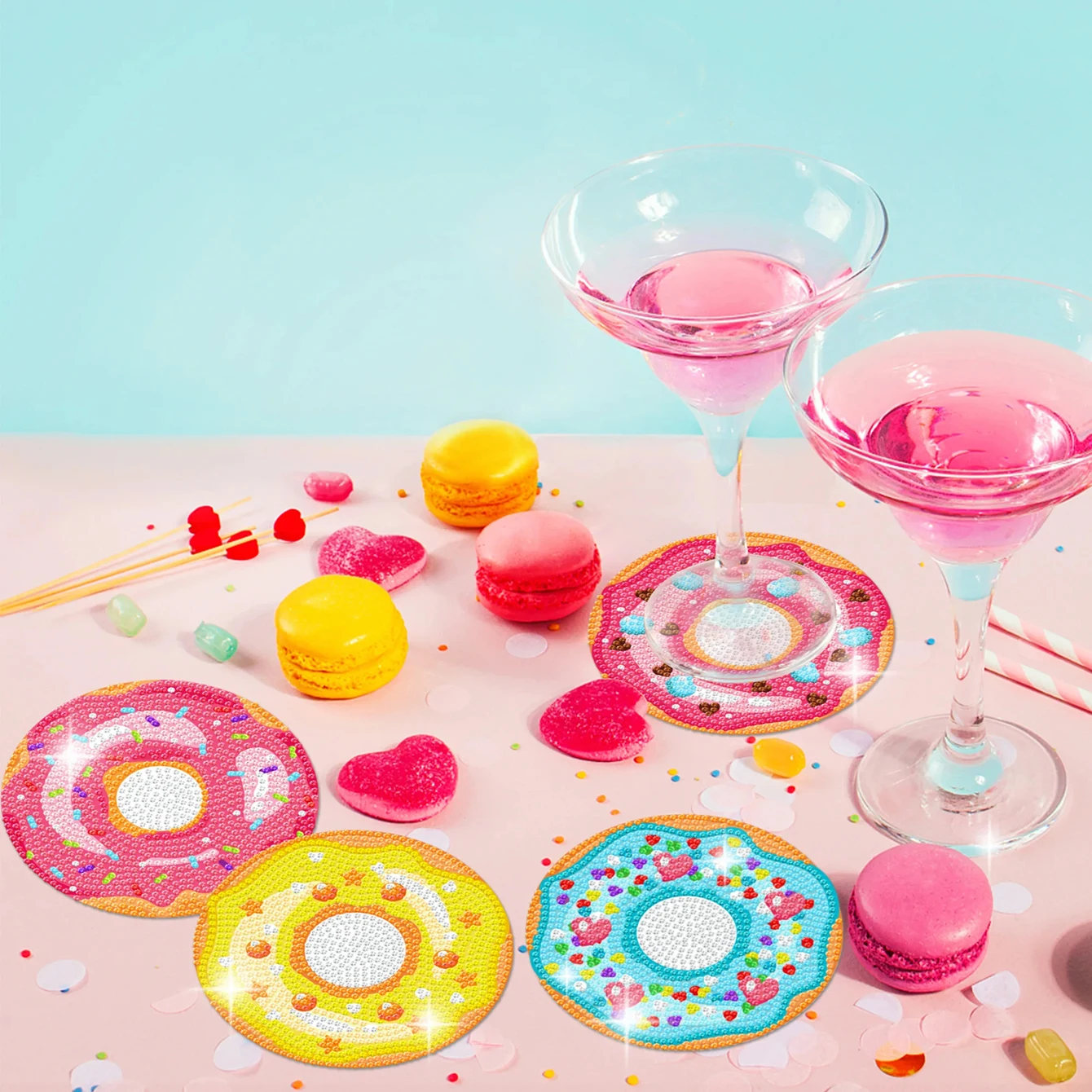 8 pieces/set of donut diamond painting coaster set, DIY coaster with holder for beginners and adults, diamond craft gift