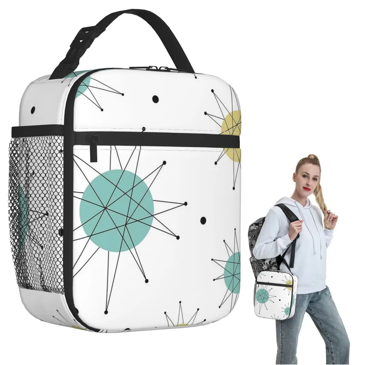 Franciscan Starburst Mid Century Atomic Age Insulated Lunch Bag for Women Children Portable Food Boxes Thermal Lunch Box Tote