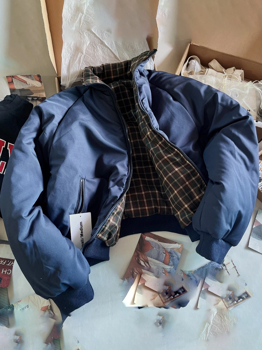 Veste Réversible en Coton pour Femme, Vintage, Chaud, Col Montant, Manches sulf, Fermeture Éclair, Décontractée, Couleur Unie, Vestes Courtes de Rue, Hiver