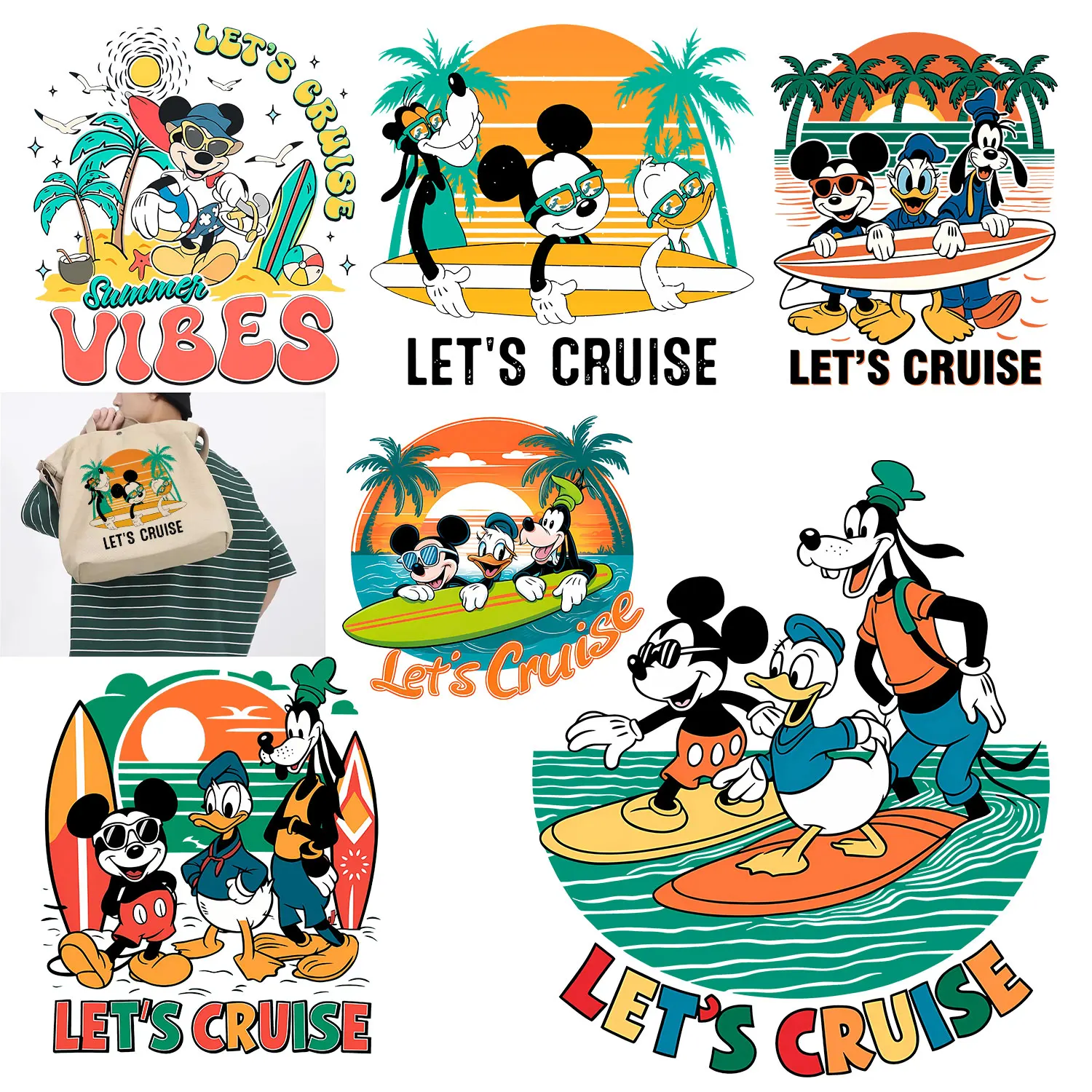 Disney Cruise Mickey Donald Duck Goofy Goof Surfing Summer Vibe Iron on Decals Iron on Decals Bright Colors DIY Decoration