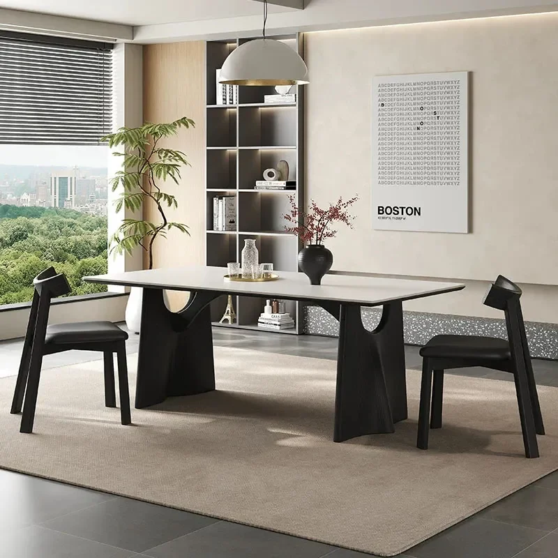 2026 New Modern Minimalist Rectangular Dining Table Black Solid Wood Frame with Pure White Matte Rock Slab Top Retro Designer