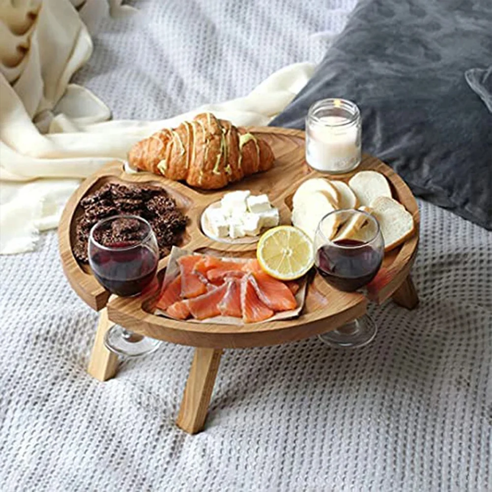 Wooden Outdoor Portable Folding Wine Picnic Table Camping Cheese Board Tray Foldable Snack Table Wine Rack Tourist Fruit Table