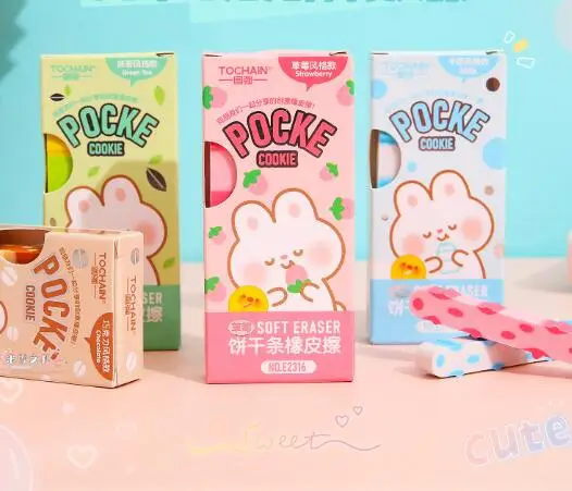 1 boîte Kawaii Creative Long Biscuit Design Gommes Étudiant Staacquering Gomme Staacquering Gros Enfants Cadeau (SS-6079)